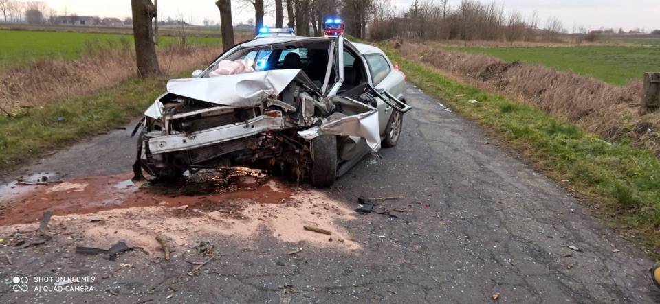 Wypadek w gminie Grabów, auto rozbiło się o drzewo. Kierowca trafił do szpitala
