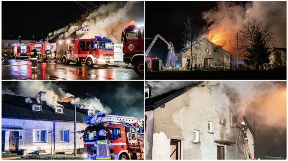[PILNE] Pożar kamienicy w Piątku. 17 zastępów walczy z ogniem. Trwają poszukiwania zaginionej osoby