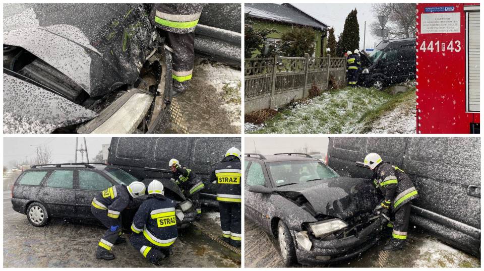 [ZDJĘCIA] Wypadek w Leszczach. Dwa rozbite auta, uszkodzony płot. Występują utrudnienia w ruchu